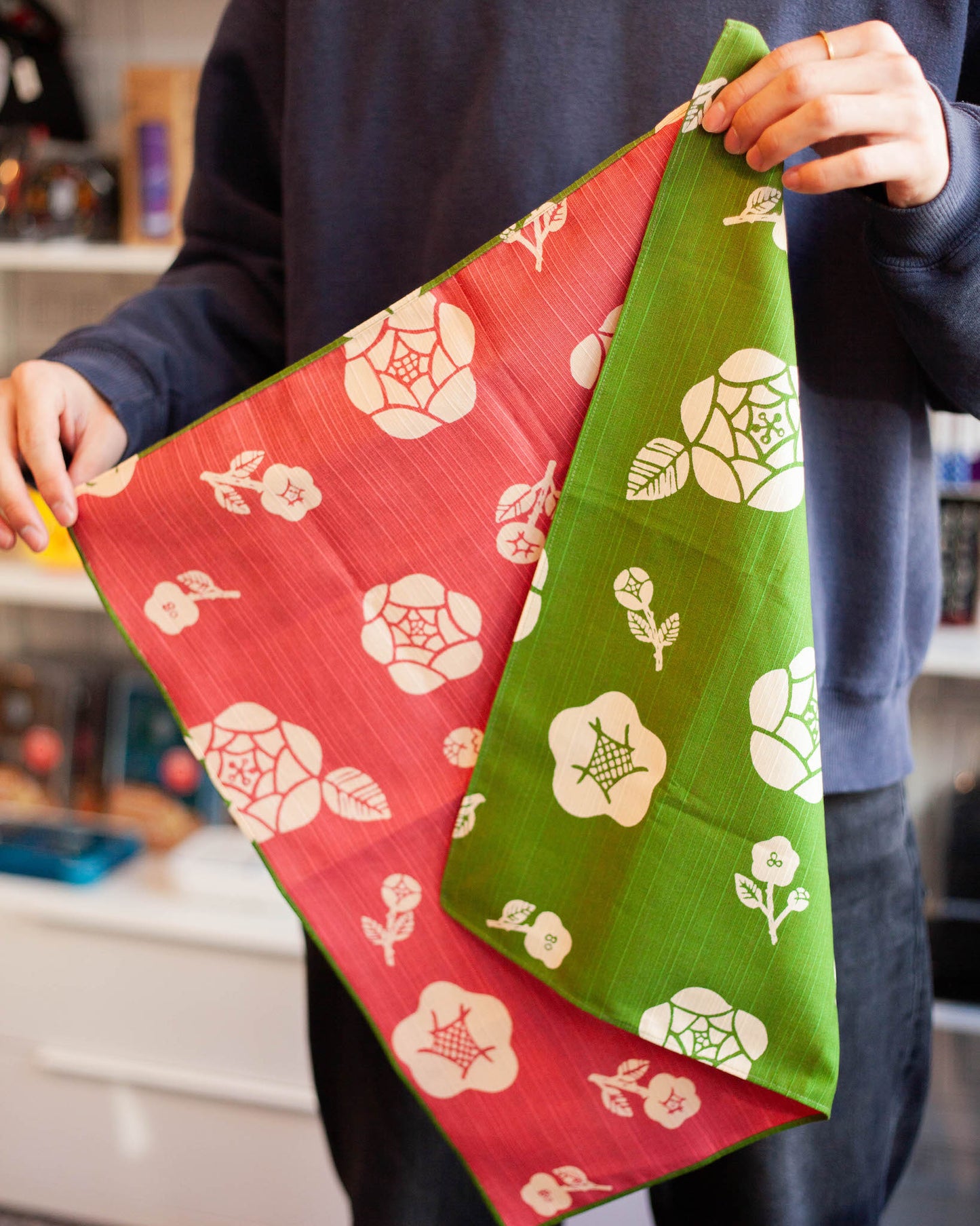 Double Sided Furoshiki 50cm | Green & Pink Rose