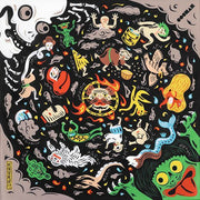 Cochae Musubi Furoshiki 70cm Yokai – Japanese wrapping cloth with colorful yokai spirits including kappa, oni and tsukumogami on black cotton fabric