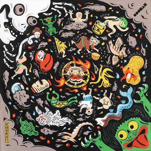 Cochae Musubi Furoshiki 70cm Yokai – Japanese wrapping cloth with colorful yokai spirits including kappa, oni and tsukumogami on black cotton fabric