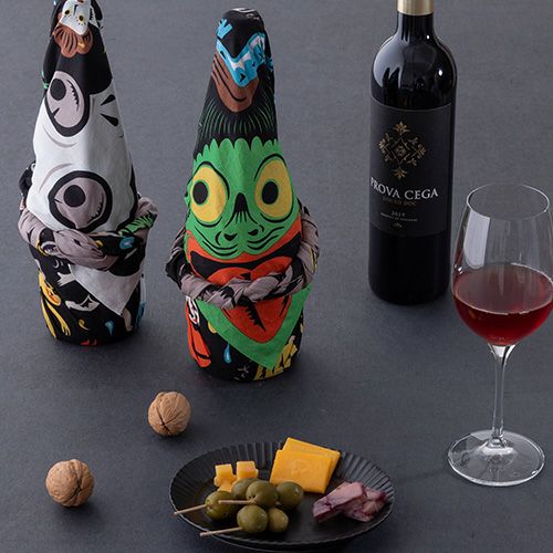 Cochae Musubi Furoshiki 70cm Yokai – Japanese wrapping cloth with colorful yokai spirits including kappa, oni and tsukumogami on black cotton fabric