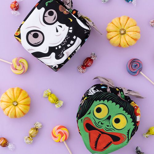 Cochae Musubi Furoshiki 70cm Yokai – Japanese wrapping cloth with colorful yokai spirits including kappa, oni and tsukumogami on black cotton fabric
