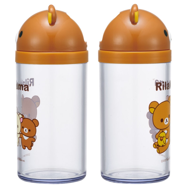 Two clear bottles with orange lids featuring cartoon bear designs on a white background.