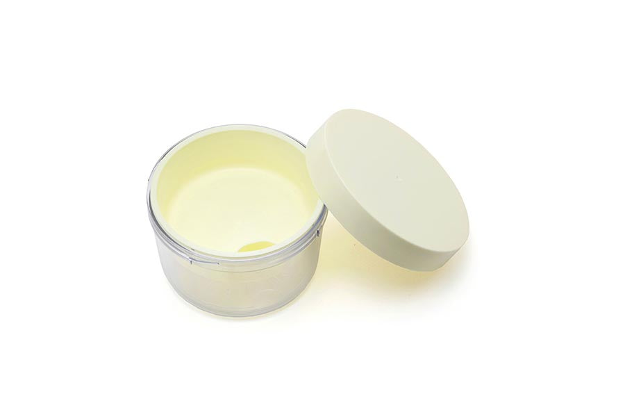 Gel-Cool Round Salad Case with a yellow lid and inner tray, with the lid on the side