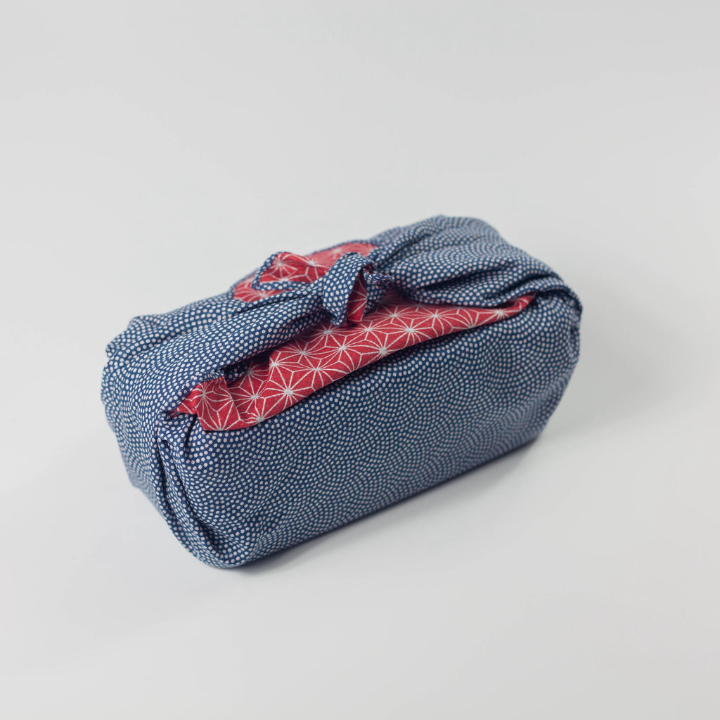 Furoshiki de doble cara de 50 cm | Asanoha Nami azul marino y rojo