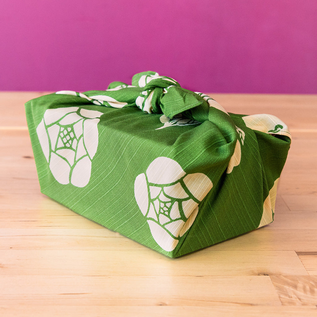 Double Sided Furoshiki 50cm | Green & Pink Rose