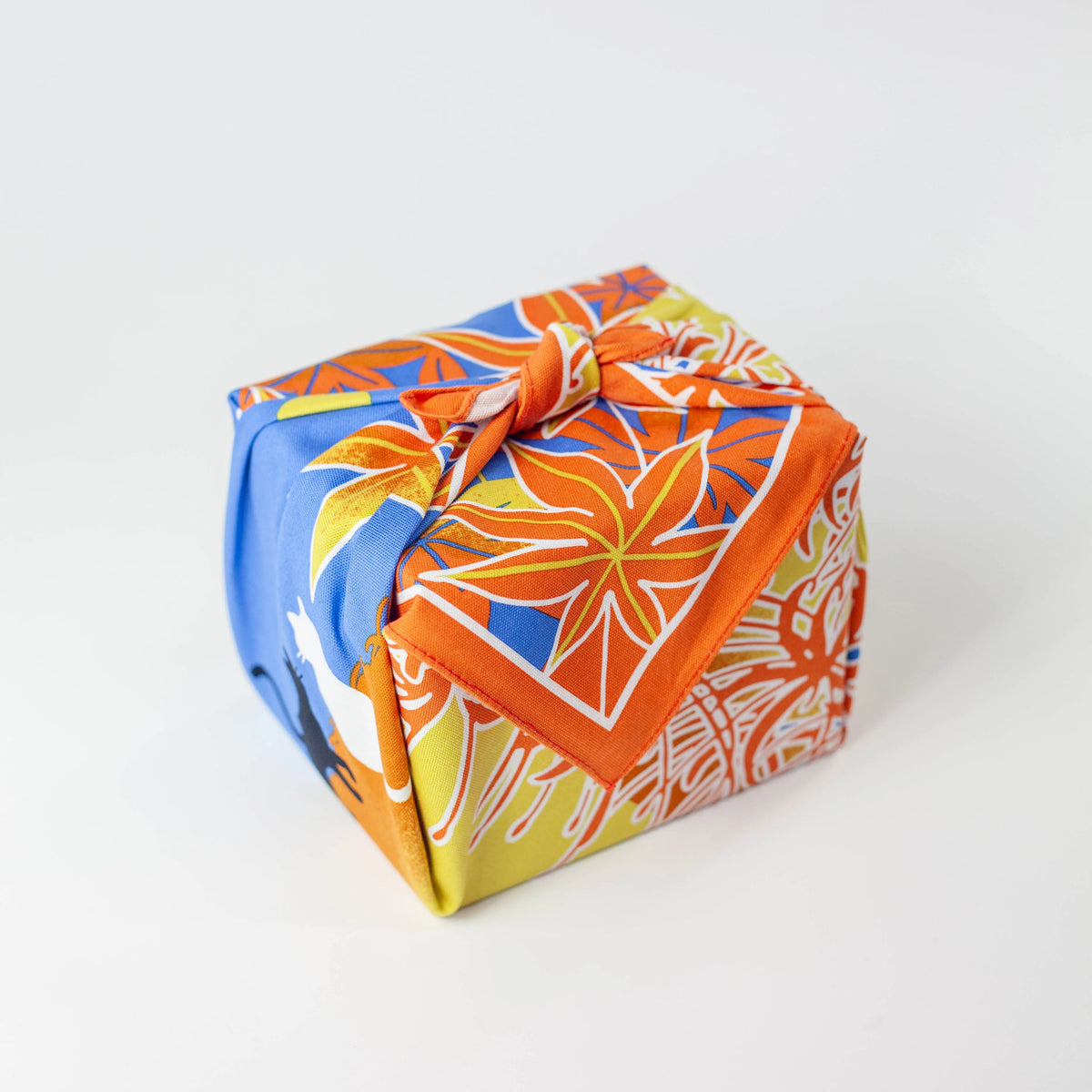 Shiki Neko Fall Furoshiki with black and white cats under a full moon, red maple leaves, and spider lilies