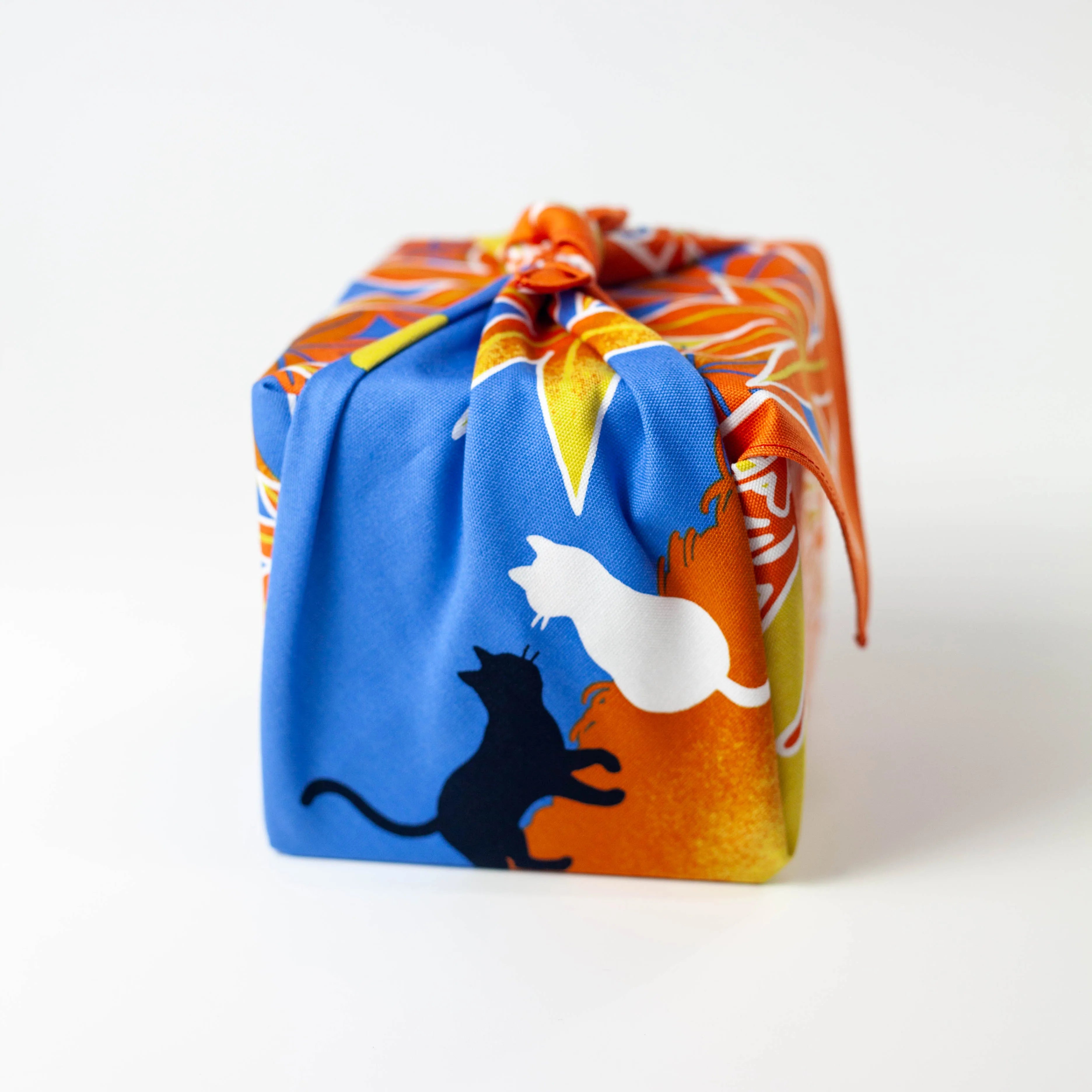 Shiki Neko Fall Furoshiki with black and white cats under a full moon, red maple leaves, and spider lilies