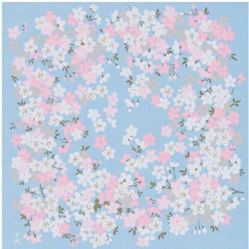 Floral pattern with pink, white, and gray flowers on a blue background