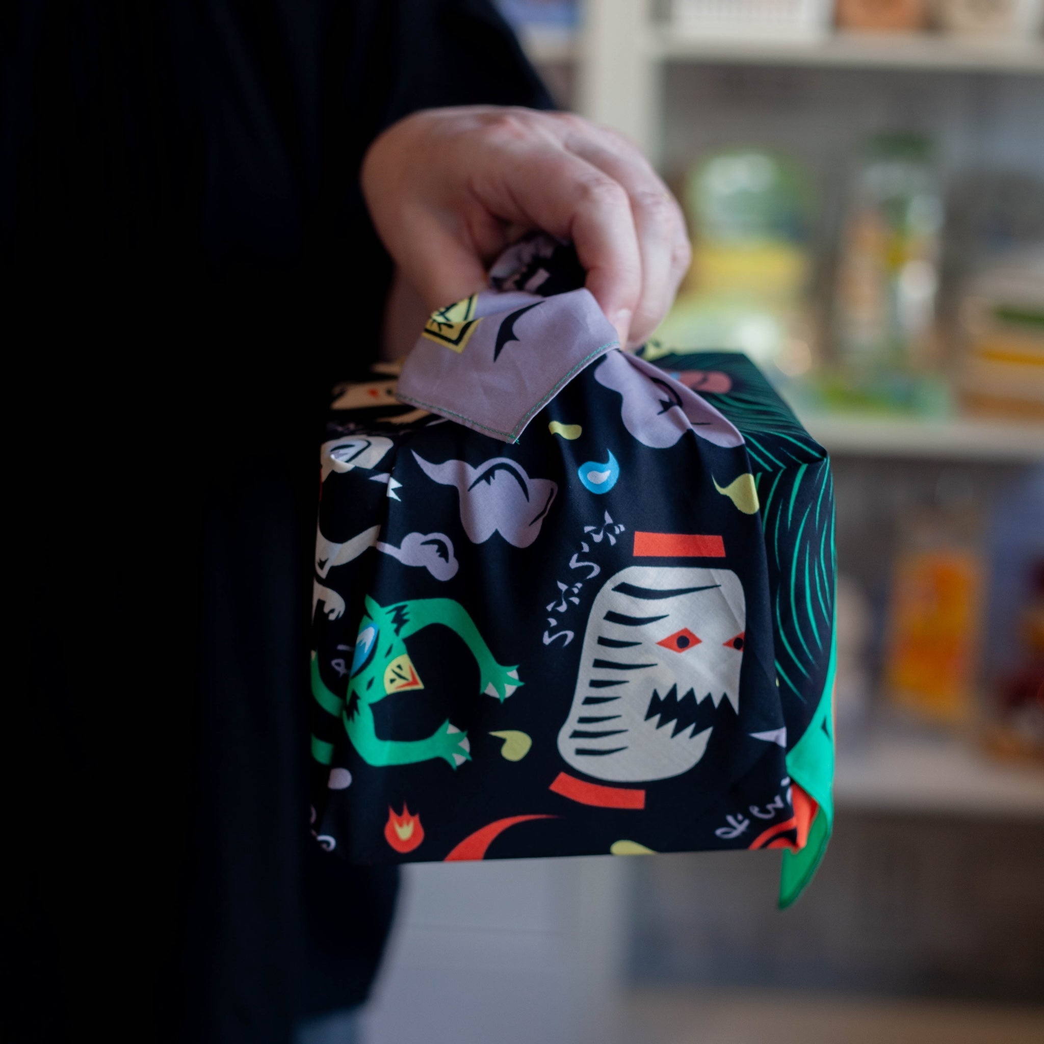 Cochae Musubi Furoshiki 70cm Yokai – Japanese wrapping cloth with colorful yokai spirits including kappa, oni and tsukumogami on black cotton fabric