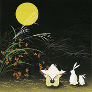 Japanese cotton furoshiki cloth featuring white rabbits staring at the full moon for Tsukimi