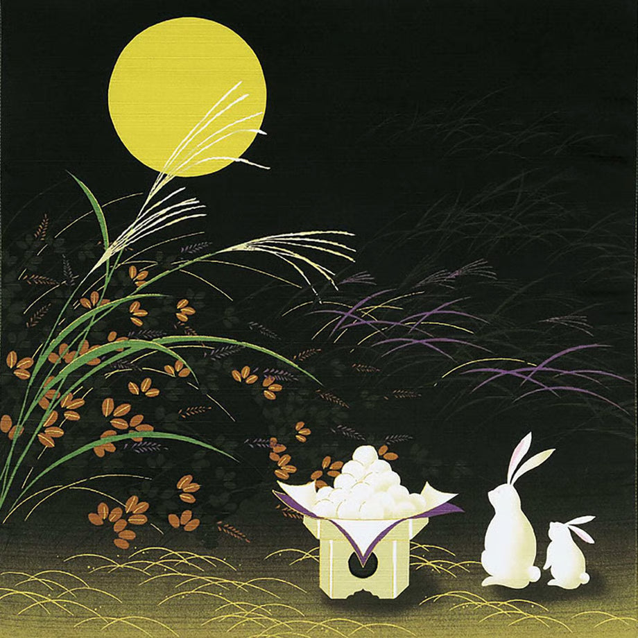 Japanese cotton furoshiki cloth featuring white rabbits staring at the full moon for Tsukimi