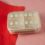Rectangular container with bunny pattern on a red and pink background