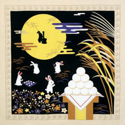 Japanese Chirimen rayon furoshiki wrapping cloth featuring white rabbits under the full moon for Tsukimi