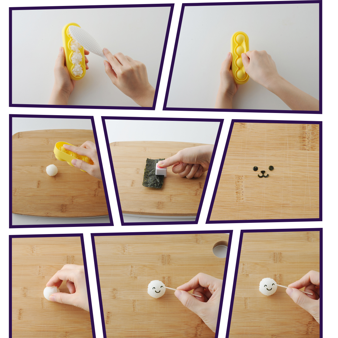 Arnest Baby Onigiri Rice Mold Set laid flat on a wooden surface – yellow four-cavity rice ball mold, yellow ball-shaped press mold on a stick, pink bear-face nori punch, green smiley-face nori punch, and four plain white rice balls