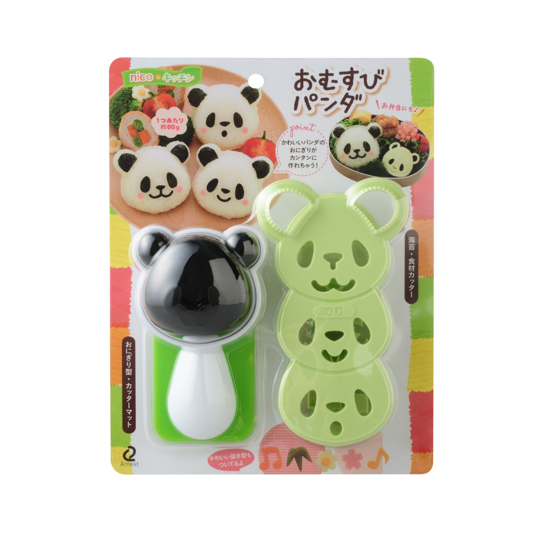 Arnest Omusubi Panda Mold Set retail packaging – black-and-white panda rice ball mold with handle and green nori cutter on a colorful Japanese card showing example panda onigiri, on white background
