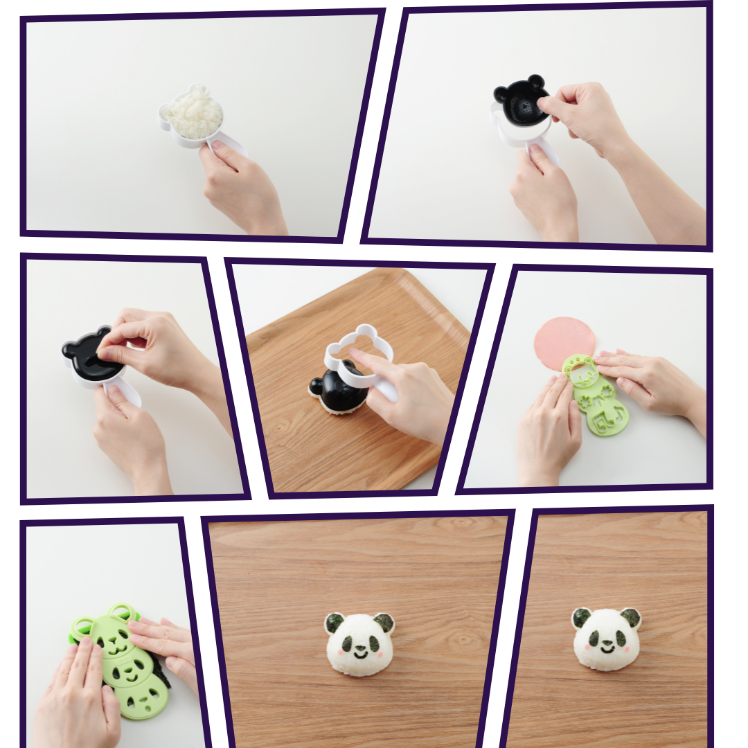 Step-by-step collage showing how to use the Arnest Omusubi Panda Mold Set – filling the white mold with rice, pressing on the black panda cap, removing the mold, using the green nori cutter on a pink mat, and the finished panda-face rice ball on a wooden surface
