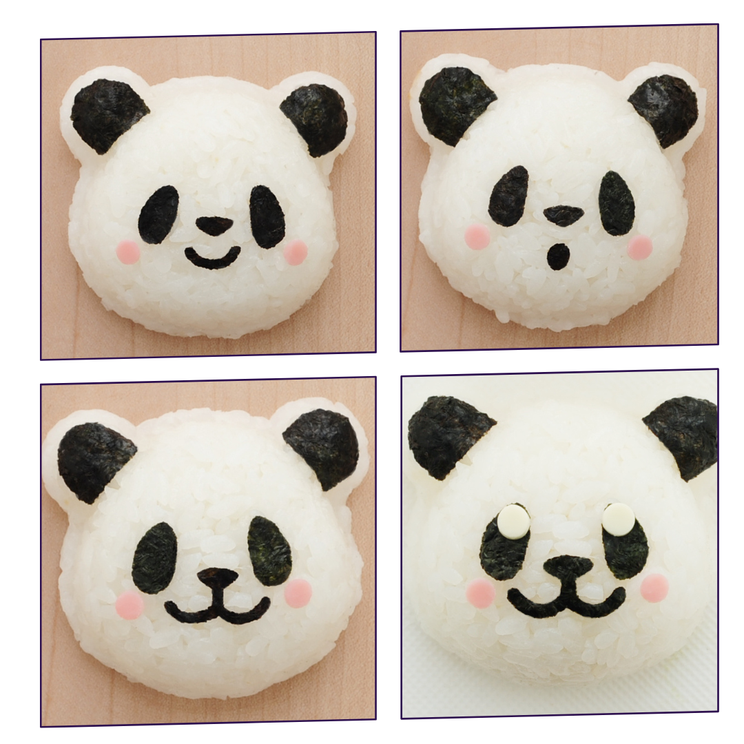 Four close-up panda-face rice balls made with the Arnest Omusubi Panda Mold Set showing different nori expressions – smiling, surprised, happy with fangs, and one mid-assembly with white rice showing through the eye holes – on a wooden surface
