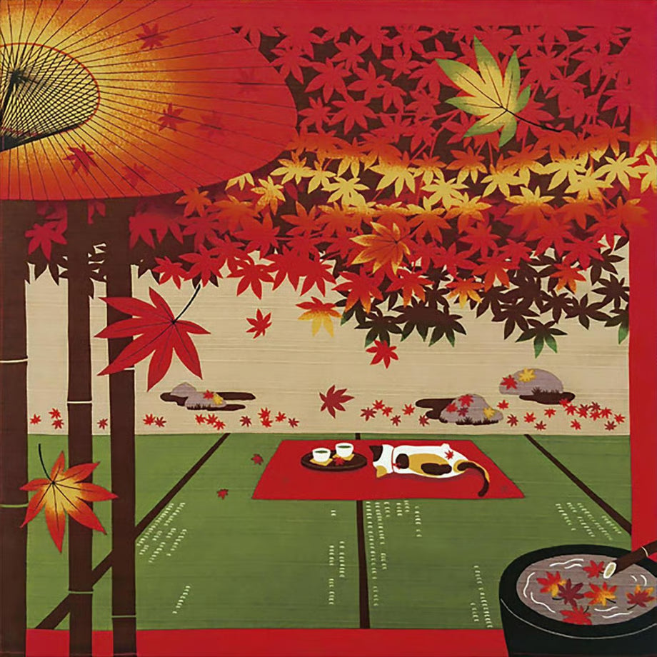Japanese cotton furoshiki cloth with autumn red maple leaves, paper umbrella, and a calico cat napping on tatami