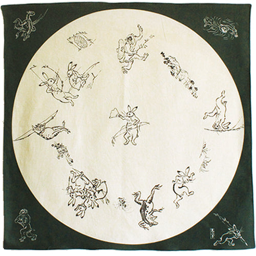 Chojyugiga Rabbit Frog Monkey Furoshiki 68cm | Moss Green