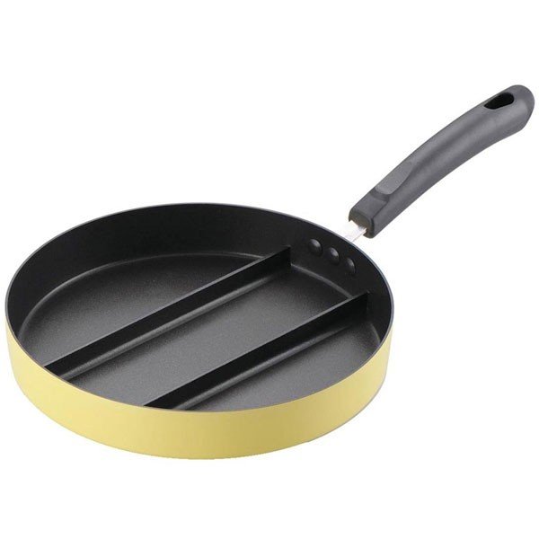 Triple Pan yellow non-stick divided frying pan with three sections and detachable black handle, on white background